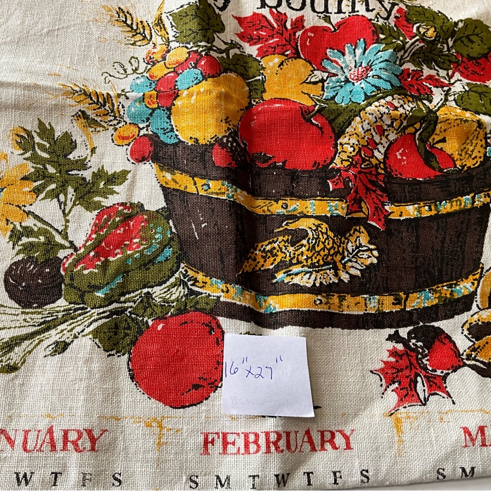 Vtg Tea Towel Calendar Owls In Tree Give Thanks Fruits Flowers Mushrooms - Picture 9 of 9